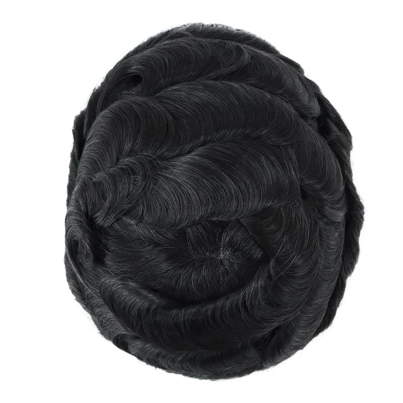 Q6 Toupee For Men 100% Human Hair Pieces I French Lace Front Poly Skin Bleached Hair Replacement System Men Wigs Natural Black Color #1C_voghion.com
