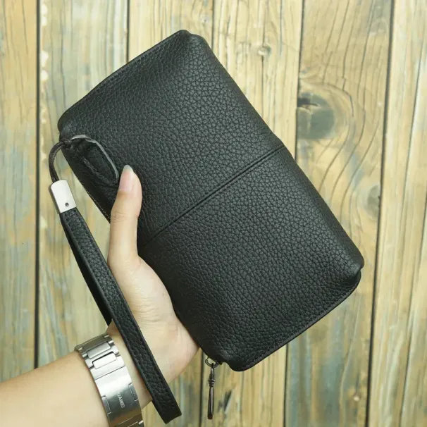 Portafoglio da uomo in pelle morbida con cerniera lunga, strato superiore in denim, borsa casual per telefono 250314l_voghion.com