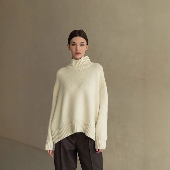 Women's Oversized Knit Sweater Semi-Turtleneck Casual Pullover Loose Fit Long Sleeve Top For Autumn Winter (Black, Khaki, White, Gray)​​_voghion.com
