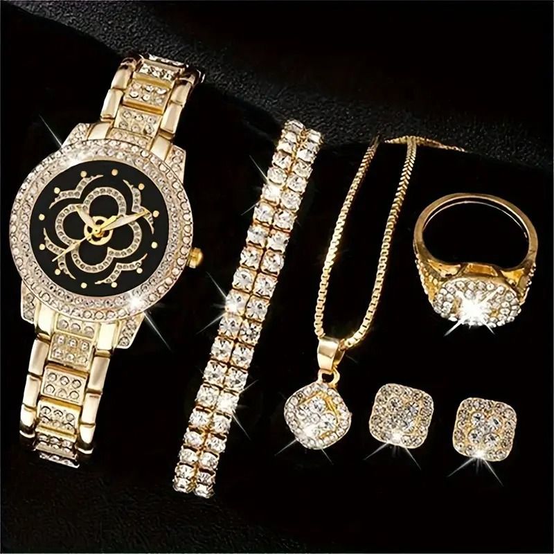 Fünfteiliges Set mit diamantbesetzter Damenmode-Quarzuhr mit römischen Ziffern_voghion.com