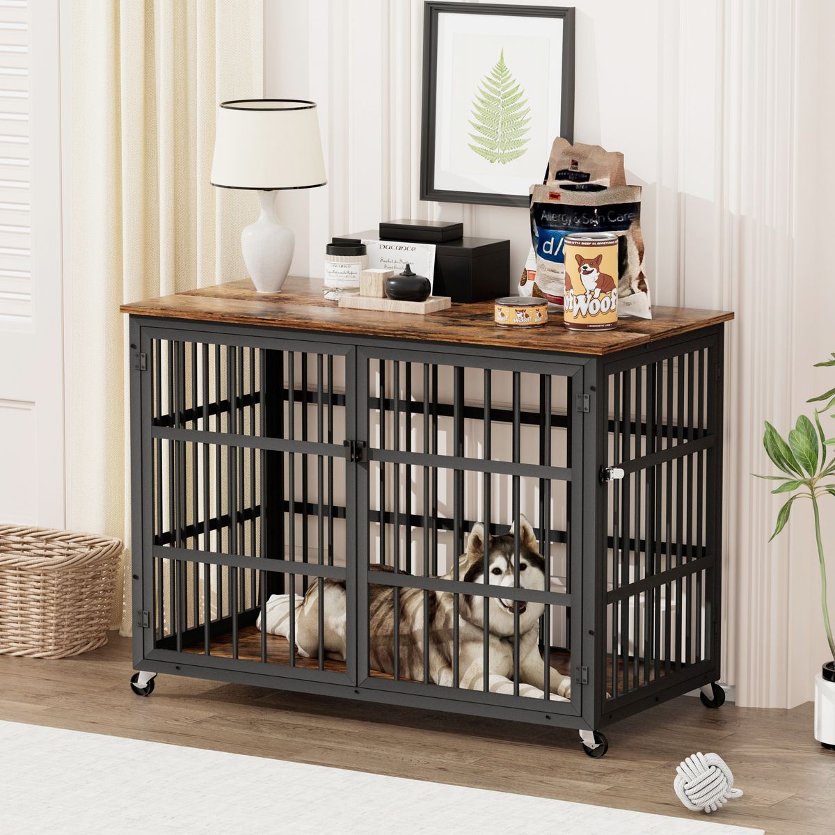 Furniture Style Dog Crate Wrought Iron Frame Door With Side Openings, Rustic Brown, 43.3''W X 29.9''D X 33.5''H._voghion.com