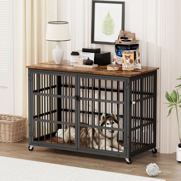 Furniture Style Dog Crate Wrought Iron Frame Door With Side Openings, Rustic Brown, 43.3''W X 29.9''D X 33.5''H._voghion.com