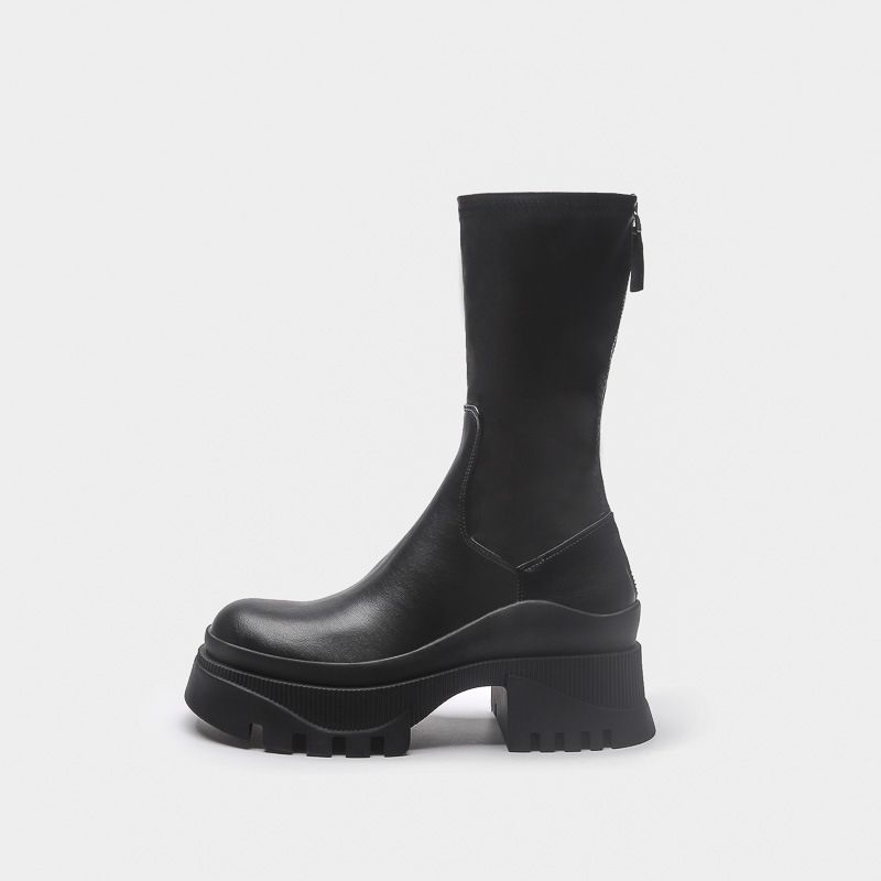 Bottes élastiques mi-mollet avec rainures à semelles épaisses et bottes à fermeture éclair à l'arrière_voghion.com