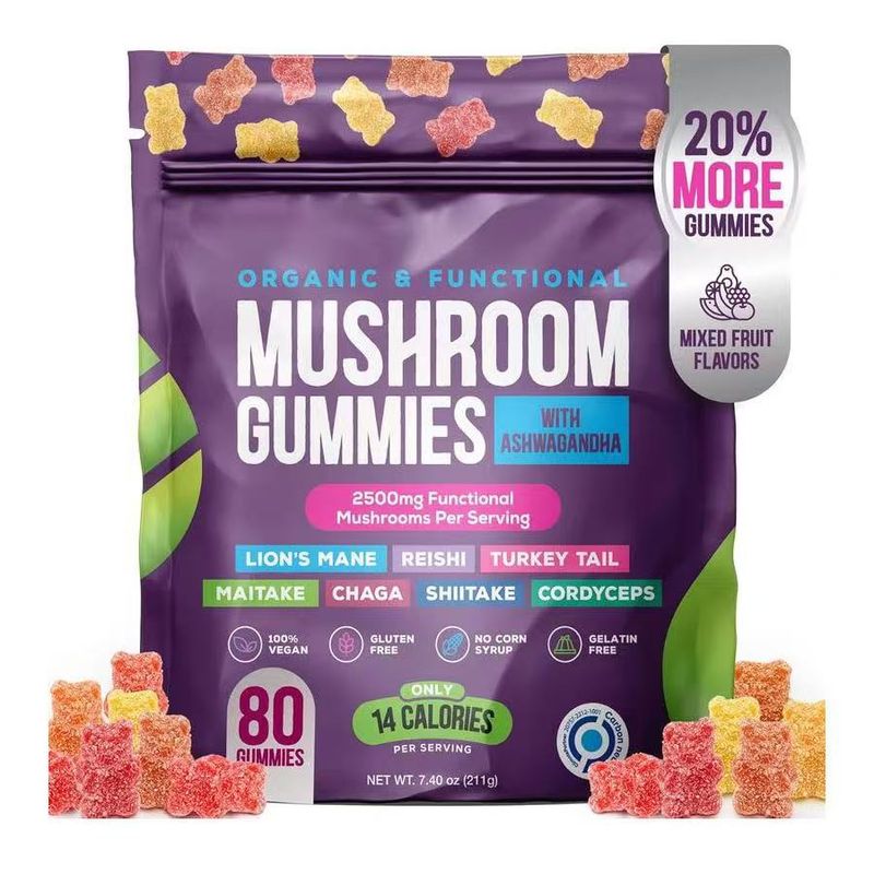 Vegan Mushroom Gummies, Lions Mane Ashwagandha Shiit Blend Fir Fokus & Immunitéit_voghion.com