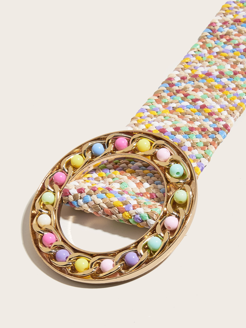 Women Braided Belts Summer Belt With Candy Color Round Buckle Colorful Pp Grass Elastic Belt_voghion.com