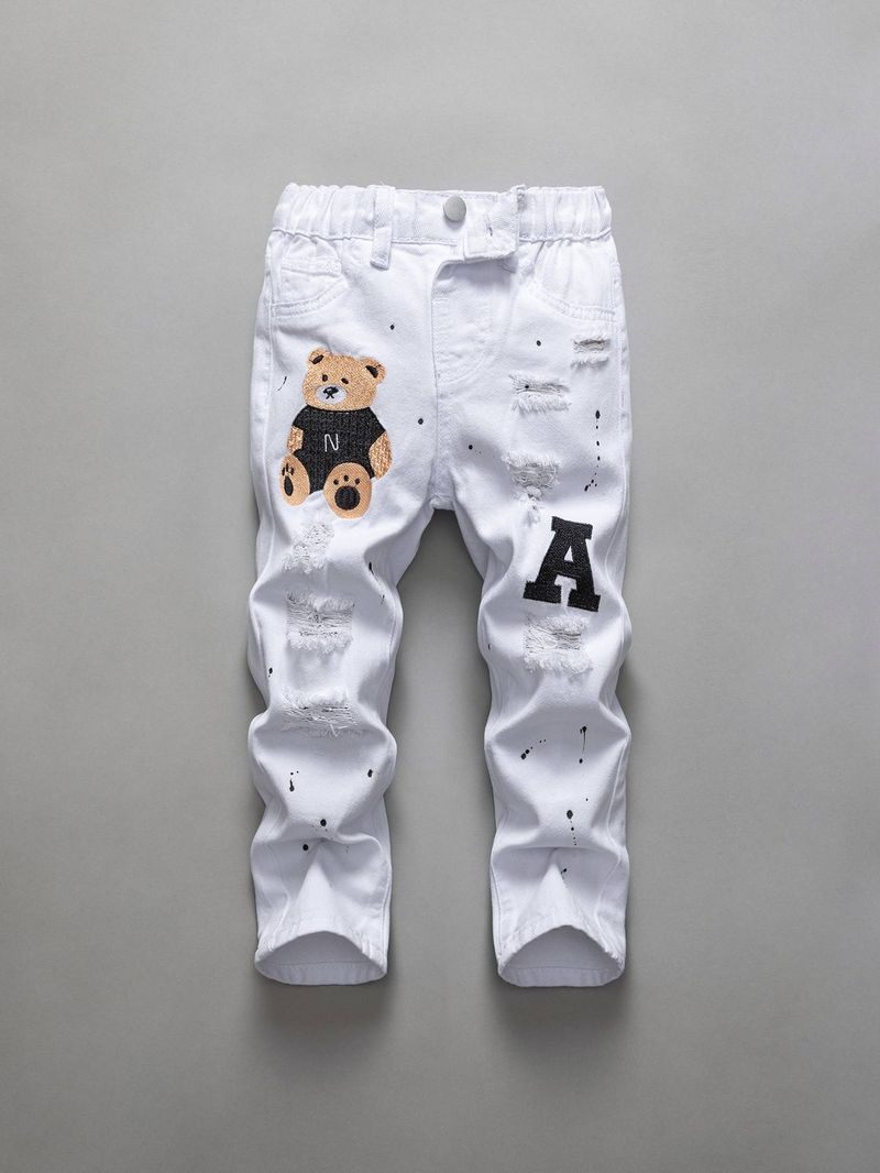 Jongens witte beer letter borduurwerk mode casual eenvoudige college casual stijl gescheurde verf gewassen denim broek_voghion.com