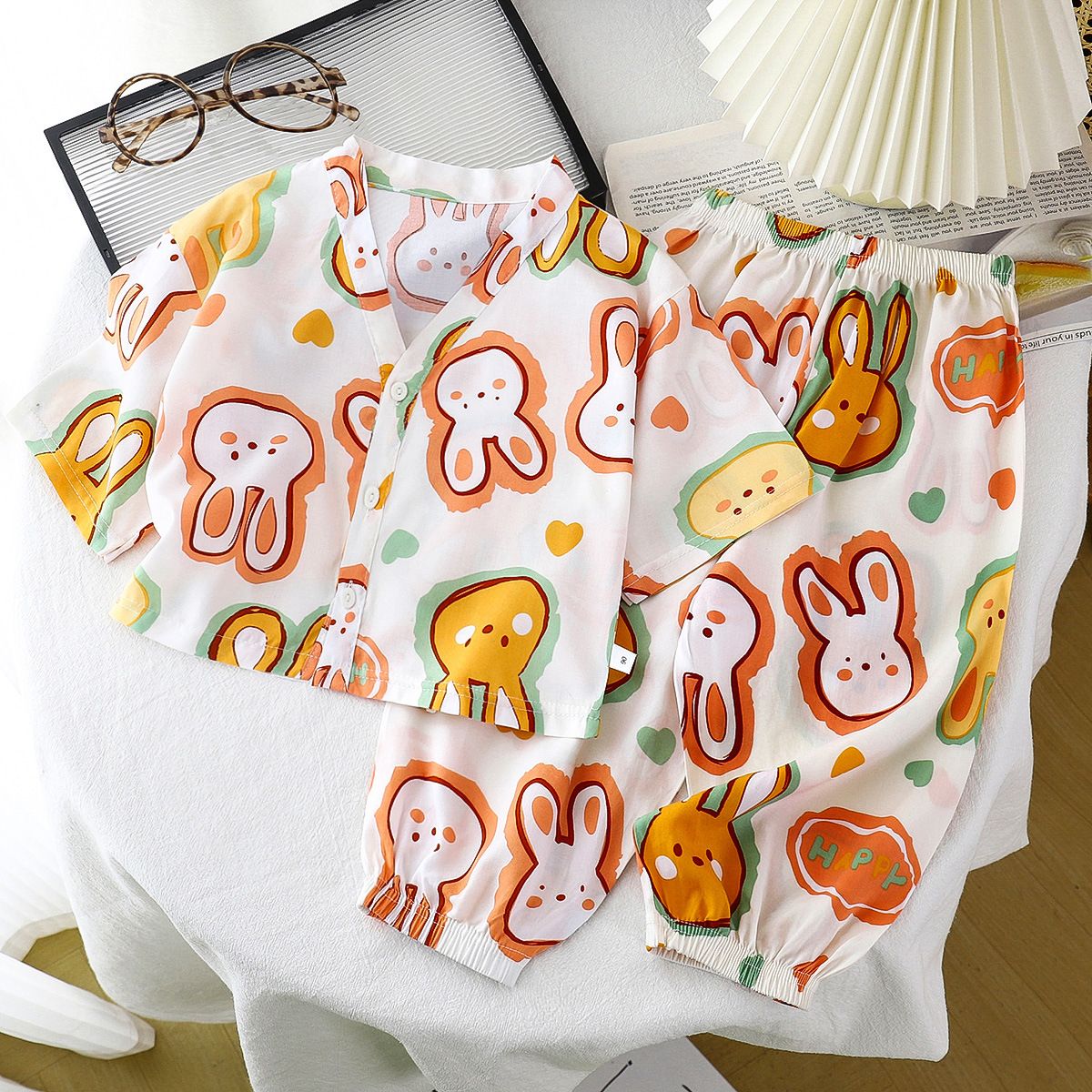 Completi da casa in cotone e seta per bambini, pigiami estivi per bambini e bambine, completi in rayon a due pezzi, abbigliamento climatizzato in cotone e seta per bambini_voghion.com