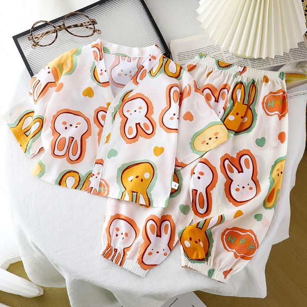 Completi da casa in cotone e seta per bambini, pigiami estivi per bambini e bambine, completi in rayon a due pezzi, abbigliamento climatizzato in cotone e seta per bambini_voghion.com