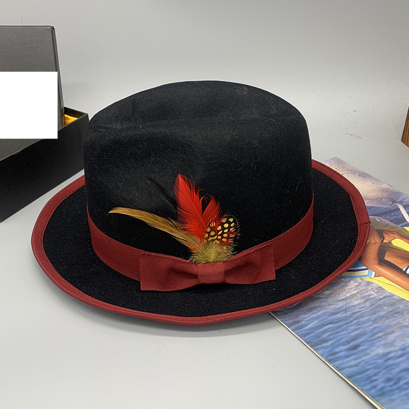 Woolen monochrome jazz hat feather top hat with matching color to men's hat_voghion.com