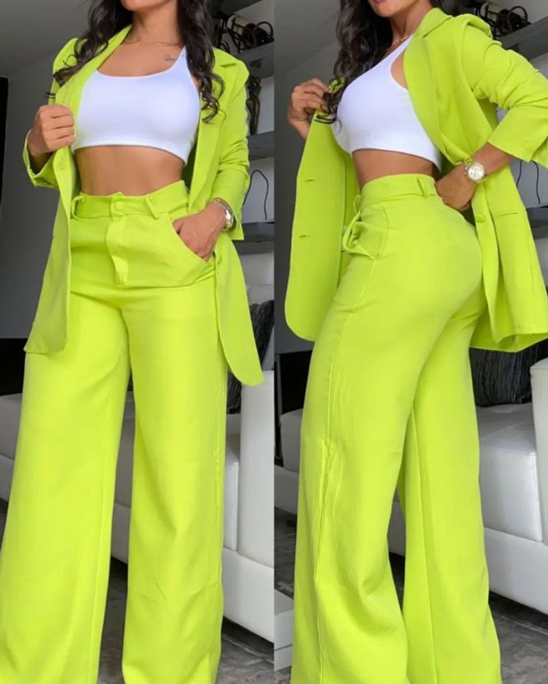 women's clothing, elegant and solid color split sleeve lapel suit with pockets and straight pants suit_voghion.com