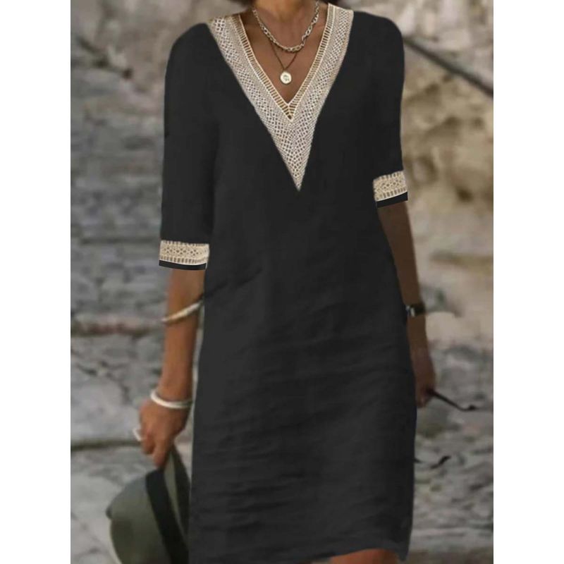 Robe décontractée en coton et lin pour femmes, couleur unie, col en v, manches mi-longues_voghion.com