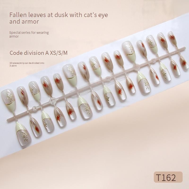 Beauty & Health Hand-made Pre-made Armor Three-dimensional Gold-plated Leaves French Brown Vignette Gentle Cat's Eye Removable Manicure 30 Pieces_voghion.com