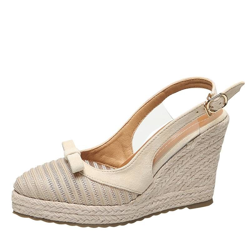 Women’s Shoes Wedge Sandals For Women New Fashion Straw Thick Soled Closed Toe Single Shoes Bowknot Single Buckle High Heels_voghion.com