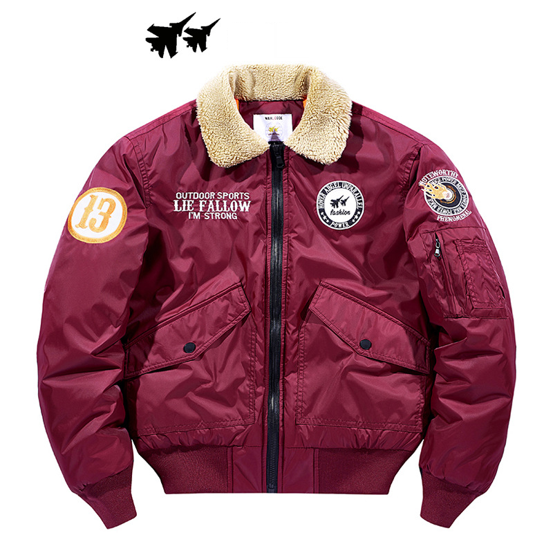 Winter-Bomberjacke für Herren mit Kunstpelzkragen, verdicktem Fleecefutter, locker sitzender Freizeitmantel für kaltes Wetter (Rot, Schwarz, Marineblau)_voghion.com