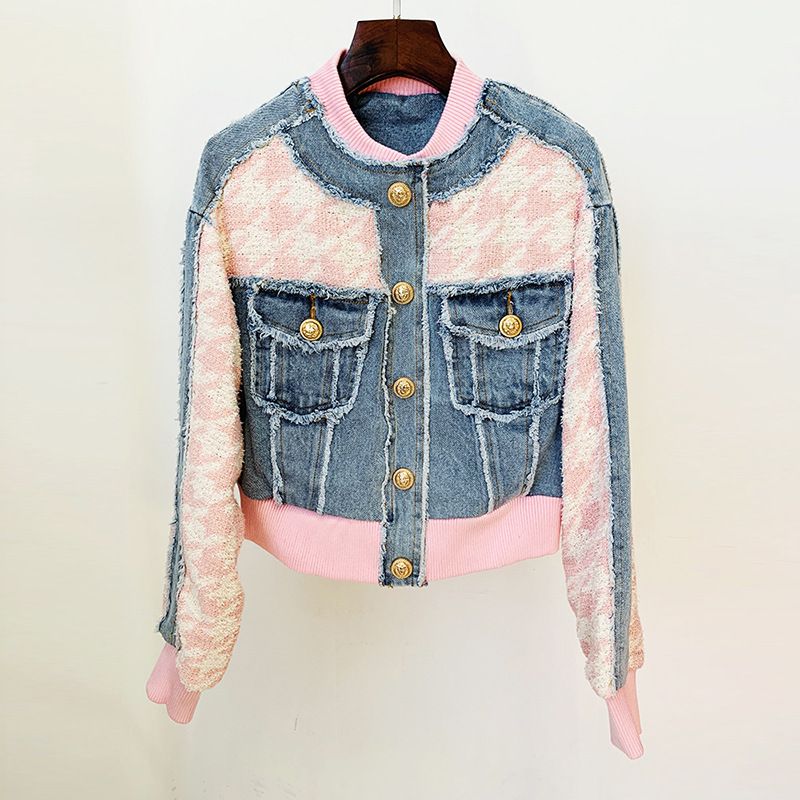 Giacca da baseball uniforme da donna con giunture in denim con bordo allentato + set di due pezzi con gonna_voghion.com