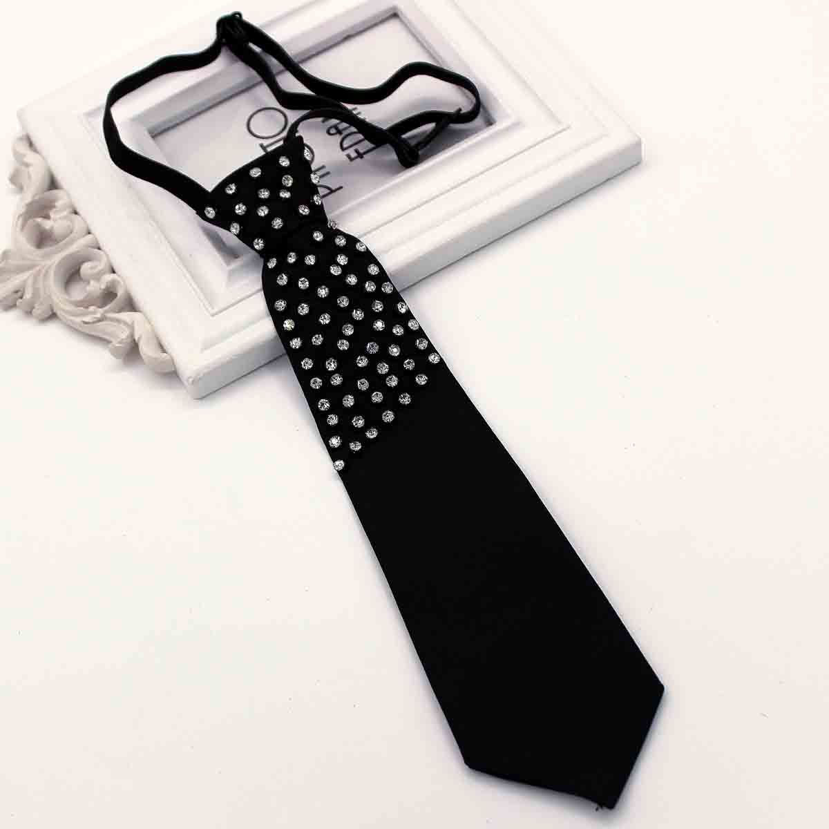 Cravatta elastica senza nodo con strass, in cristallo nero di lusso leggero per donna, camicia coordinata, stile college, moda versatile_voghion.com