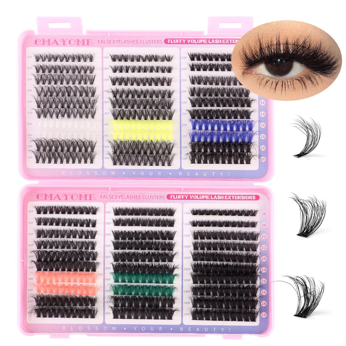 Comércio exterior transfronteiriço 590 cachos de cílios postiços coloridos grossos em D curvos, conjunto de 10 cílios segmentados DIY de 18 mm_voghion.com