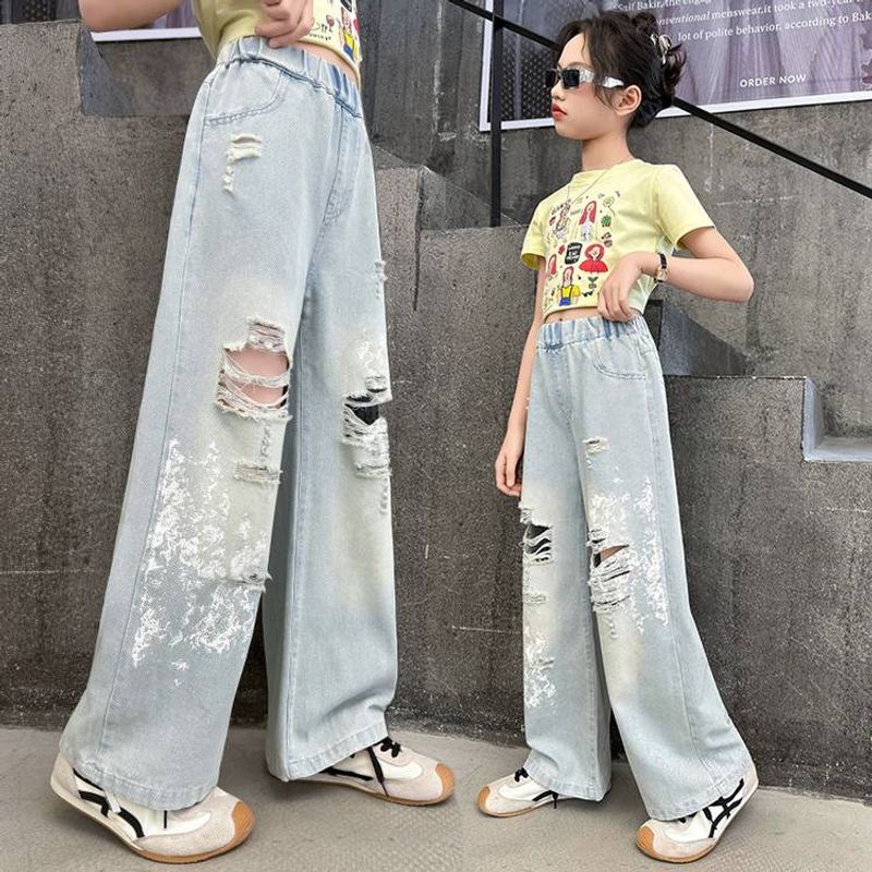 2025 Summer Girls' New Thin Fashion Casual Punched Cowboy Wide Leg Pants_voghion.com