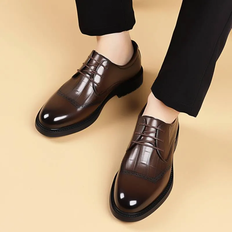 New Fashion Business Genuine Leather British Brock Men's Shoes Men's Business Formal Wear Oxford Shoes Lace-up Fashion Black Dress Wedding Derby Shoes_voghion.com