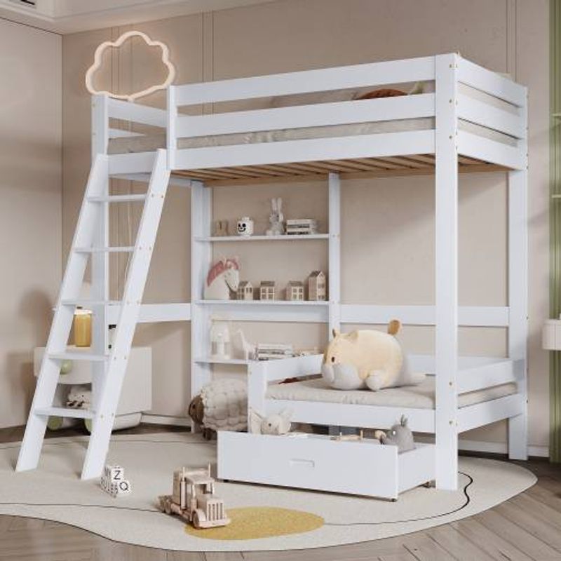 Letto a castello con ripiani e divano, letto in legno con cassetto, letto per bambini con scala a 5 livelli_voghion.com