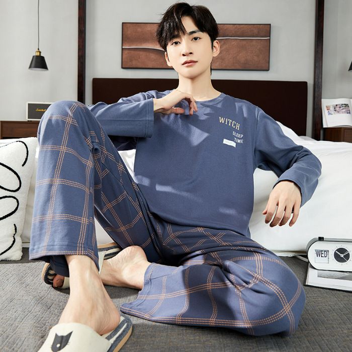 Pyjama fir Männer am Hierscht, Kottengpullover, laangärmlech, locker Passform, Plus Size, Männer-Heemkostüm fir den Hierscht_voghion.com