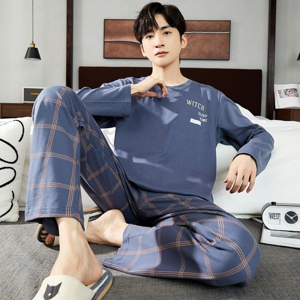 Pyjama fir Männer am Hierscht, Kottengpullover, laangärmlech, locker Passform, Plus Size, Männer-Heemkostüm fir den Hierscht_voghion.com