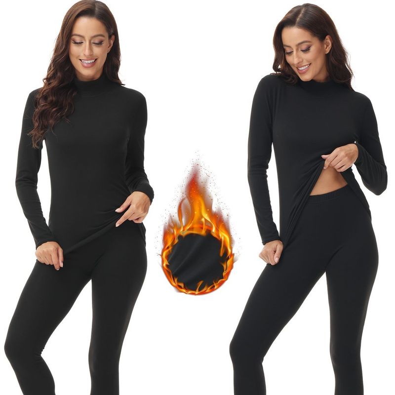 Women's Thermal Underwear Set High Neck Fleece Lined Long Sleeve Tops & Pants Winter Warm Base Layer Soft Stretchable Dralon Fabric Pure Color_voghion.com