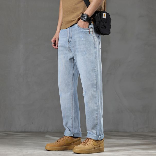 New Spring Jeans Men's Harlan Loose American Retro Washed Holes Sky Blue Large Size Elastic Small Feet K11 Denim Eight Barrels Xiansen Zhi Clothes_voghion.com