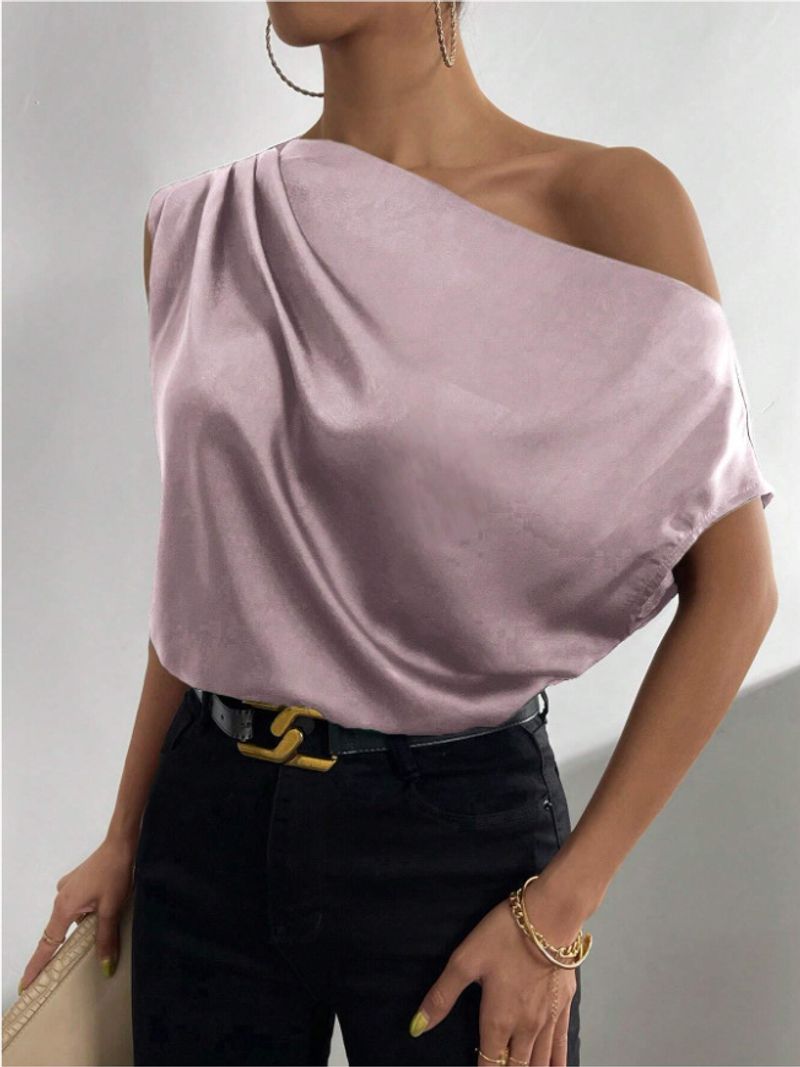 Damenbekleidung Frühling Einfarbig Satin Seide Unregelmäßige Schräge Schulter Eine Schulter Pullover Ärmelloses Hemd Weiblich_voghion.com