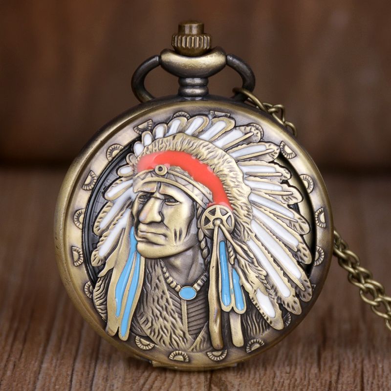 US Factor POCKETWATCH Vintage Bronze Tribal Chief Necklace Pendant Quartz Pocket Watches Clock Gift for Men and Women_voghion.com