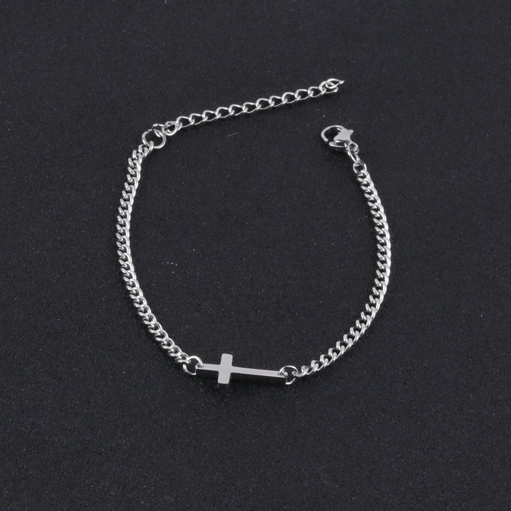 Bracciale rigido da uomo in acciaio inossidabile con catena cubana, semplice e versatile, con croce in oro_voghion.com