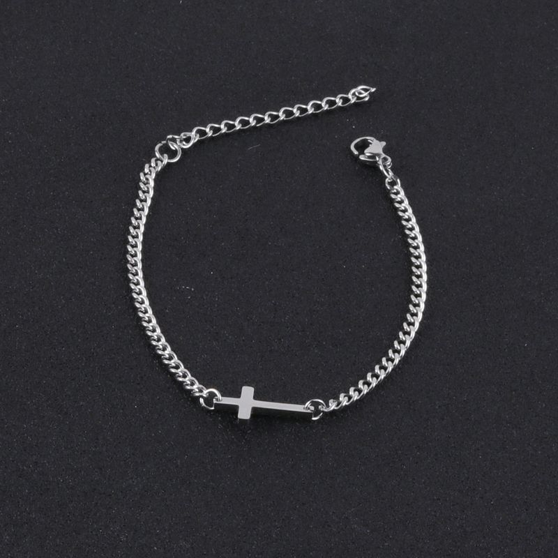 Bracciale rigido da uomo in acciaio inossidabile con catena cubana, semplice e versatile, con croce in oro_voghion.com