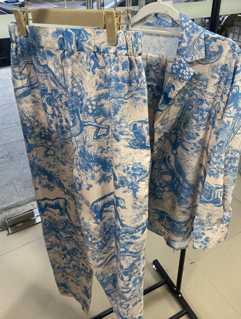 new fashion French printed long-sleeved lace-up shirt high-waisted wide-leg pants women's suit_voghion.com