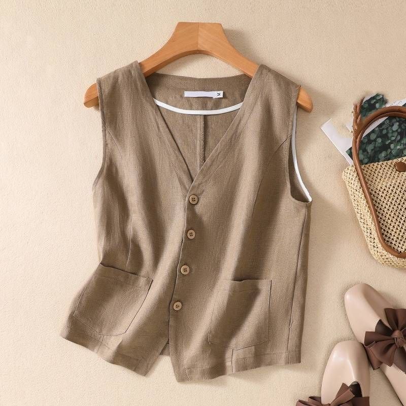 Odzież damska nowa moda krótka bawełniana i lniana kamizelka jednowarstwowa kamizelka retro casual damski bezrękawnik kardigan top_voghion.com