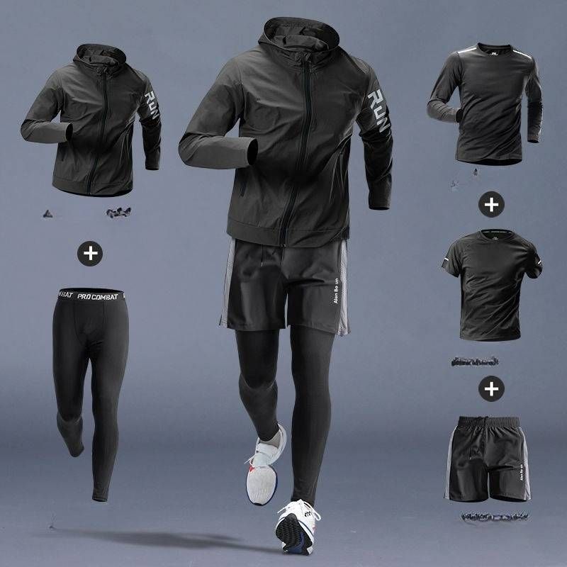 Vêtements de course pour hommes Combinaison de course matinale pour hommes Automne et hiver Séchage rapide Entraînement Cyclisme Sports Gym Vêtements de sport Équipement cinq pièces_voghion.com