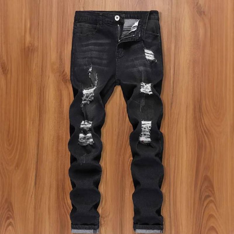Men's Clothing Casual Youth Trousers Non Elastic Mid Waist Slim Fit Ripped Skinny Jeans_voghion.com