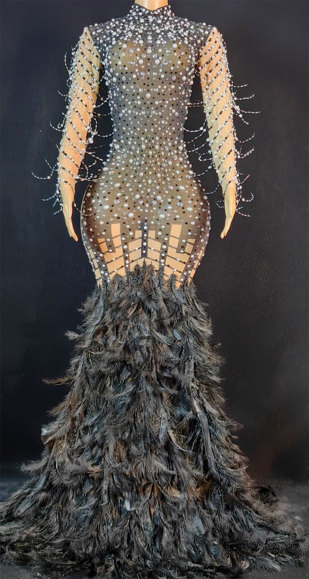 Naisten vaatteet seksikäs verkkomainen kuuma timanttiperspektiivi yksiosainen höyhenpitkä mekko iltapuku näyttämösuorituspuku YM_voghion.com