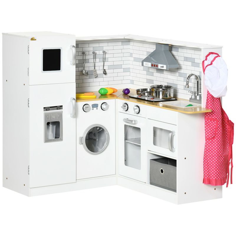 Corner Play Kitchen Set With Sound Effects And Tons Of Countertop Space, Large Wooden Kitchen With Washing Machine, Food Toys, Ice Maker, Kids Kitchen, Ages 3-6, White_voghion.com