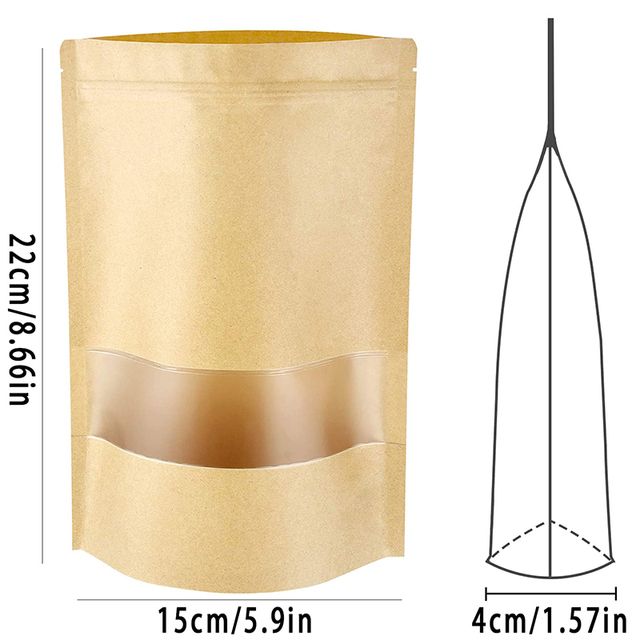 50PCS Kraft Paper Bags Zip Lock Brown With Window Stand Up Resealable Grip Ziplock Pouches Tea Coffee Bean Candy Packaging Food_voghion.com
