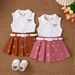 Kids’ Clothing Summer Girls Suit Stand Collar Sleeveless Top Printed Bow Pleated Skirt With Belt_voghion.com