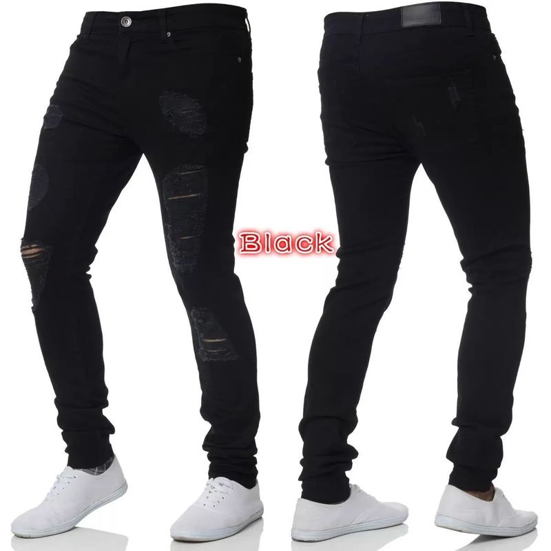 Jeans da uomo slim fit strappati alla moda, jeans dritti slim fit, pantaloni in denim strappati_voghion.com