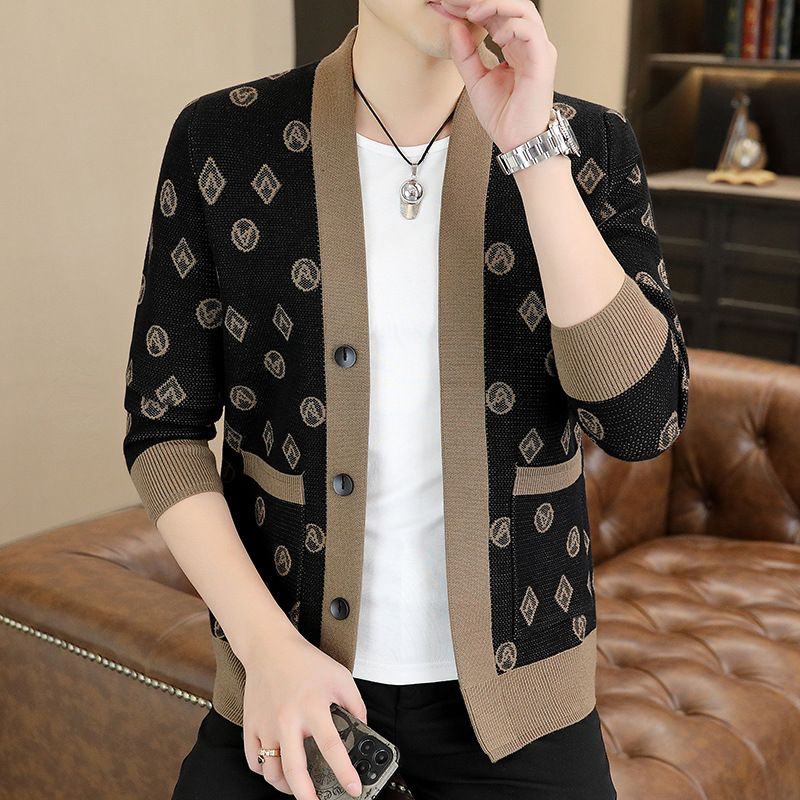 Station européenne automne et hiver nouveau pull tricoté hommes Jacquard Cardigan col en V tendance mode automne hommes vêtements_voghion.com