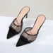 Women's high sense sheepskin black mesh rhinobason high heel slippers thin pointed open-toe heels_voghion.com