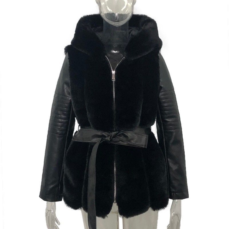Damenbekleidung Pelzjacke für Damen mit Gürtel und Kapuze einfarbige Reißverschlussjacke für Damen_voghion.com