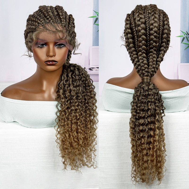 New African synthetic lace wig headband 13 * 1 lace handcrafted braided braid, one braid with flowers, multiple colors to choose from_voghion.com