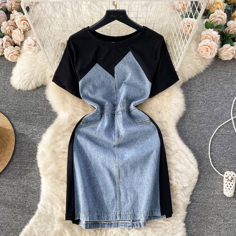 Women's Denim Two-Piece Dress Set - Round Neck Short Sleeve Top With Slimming High Waist Shorts_voghion.com
