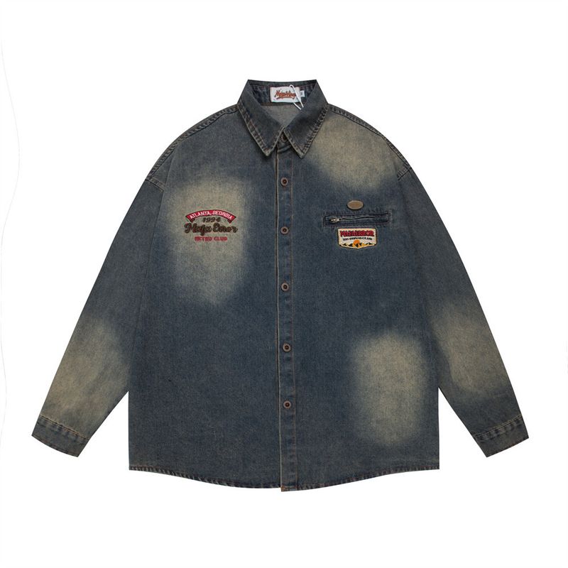 Punk Vintage Wash Gradient Farmerdzseki, Trendi Amerikai Dizájn, Hímzett Betűk, Laza Férfi Dzseki, Ősz_voghion.com