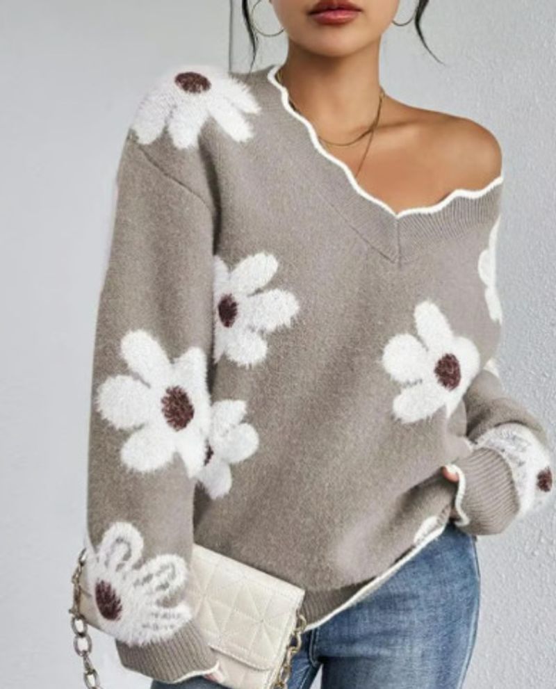 Pull en tricot à col en V et dentelle florale pour femme - Pull torsadé en mélange acrylique avec détails côtelés, hauts décontractés d'automne pour le travail et le week-end (gris/taupe/_voghion.com
