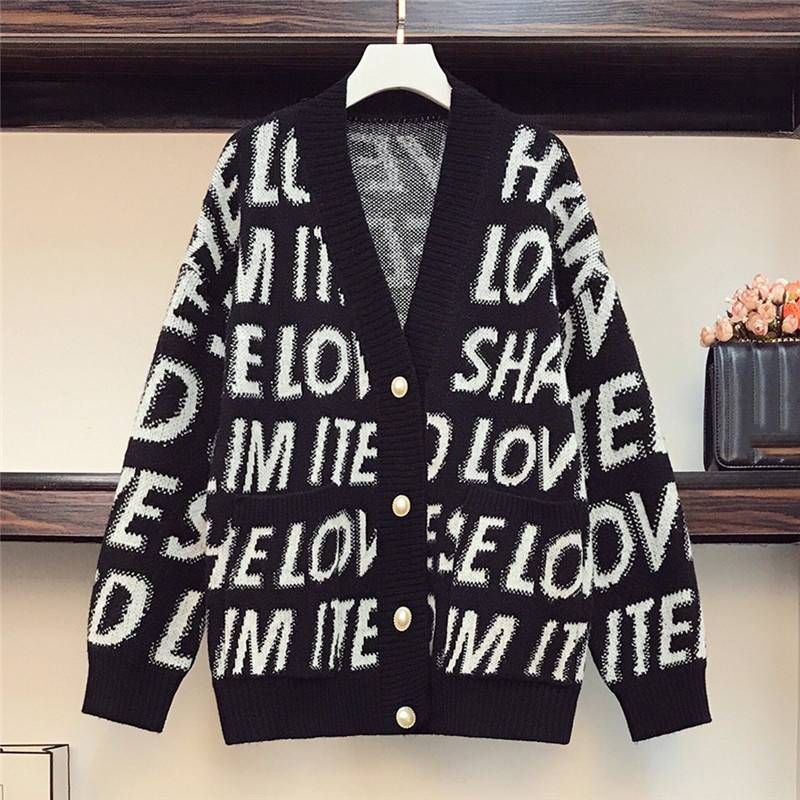 Women's Clothing new knitted cardigan sweater fashion contrast color letter long sleeve top loose coat_voghion.com