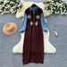 Elegant Boho Floral Embroidered Denim Knit Dress - Oversized A-Line Tunic With High Waist & Long Sleeves For Women_voghion.com